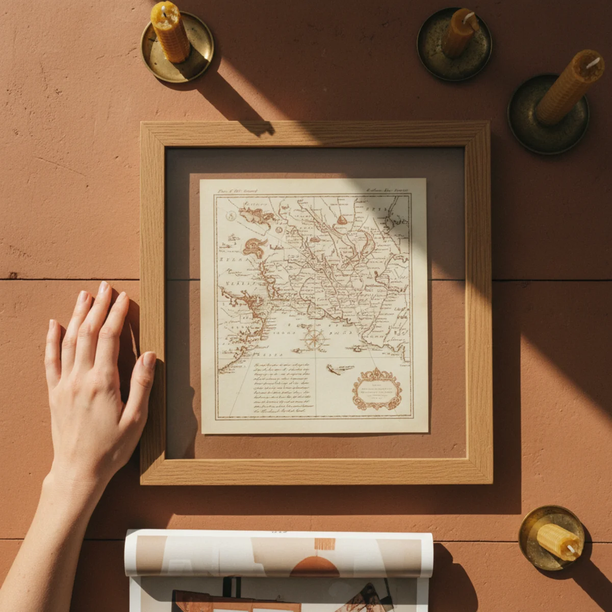 DIY farmhouse wall art — antique 1890 county map in simple thin wood frame mounted on warm plaster wall showing farm boundaries, original road names, and historical settlements — Home Decor Aura