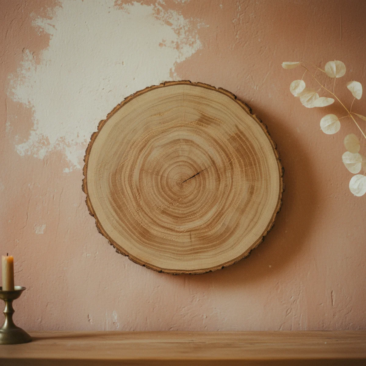 DIY farmhouse wall art — grouping of seven wood slice cross-sections of varying sizes showing growth rings and natural grain hung as organic cluster on a warm plaster wall — Home Decor Aura