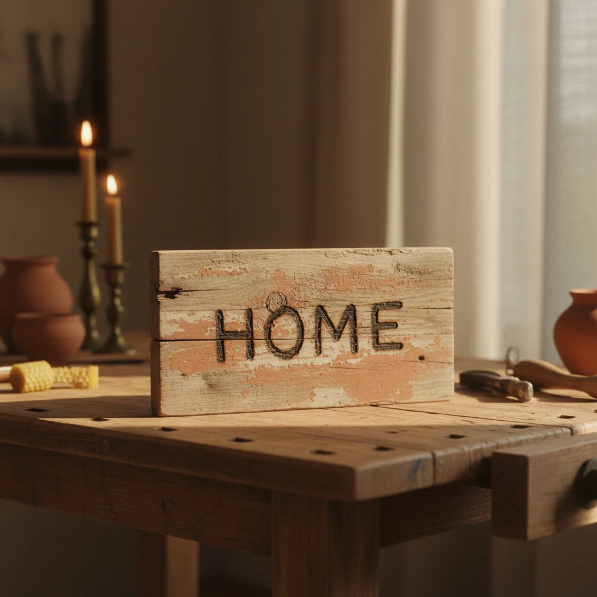 DIY farmhouse wall art — reclaimed barn wood plank sign with wood-burned simple lettering mounted on warm plaster wall showing authentic weathered grain and nail holes from actual barn salvage — Home Decor Aura