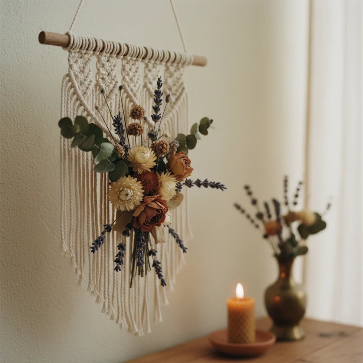 DIY farmhouse wall art — dried floral wall hanging with mixed lavender, pampas grass, and dried eucalyptus tied to a forked branch with natural jute twine mounted on warm plaster wall — Home Decor Aura