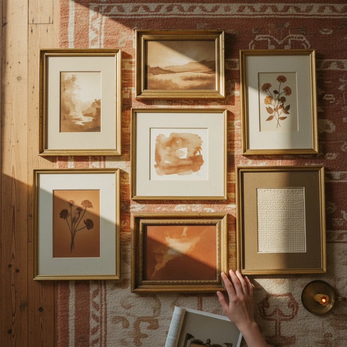 DIY farmhouse wall art — gallery wall of eight thrifted wood frames in varied sizes containing pressed botanicals, vintage postcards, and personal family photos arranged on warm plaster wall — Home Decor Aura