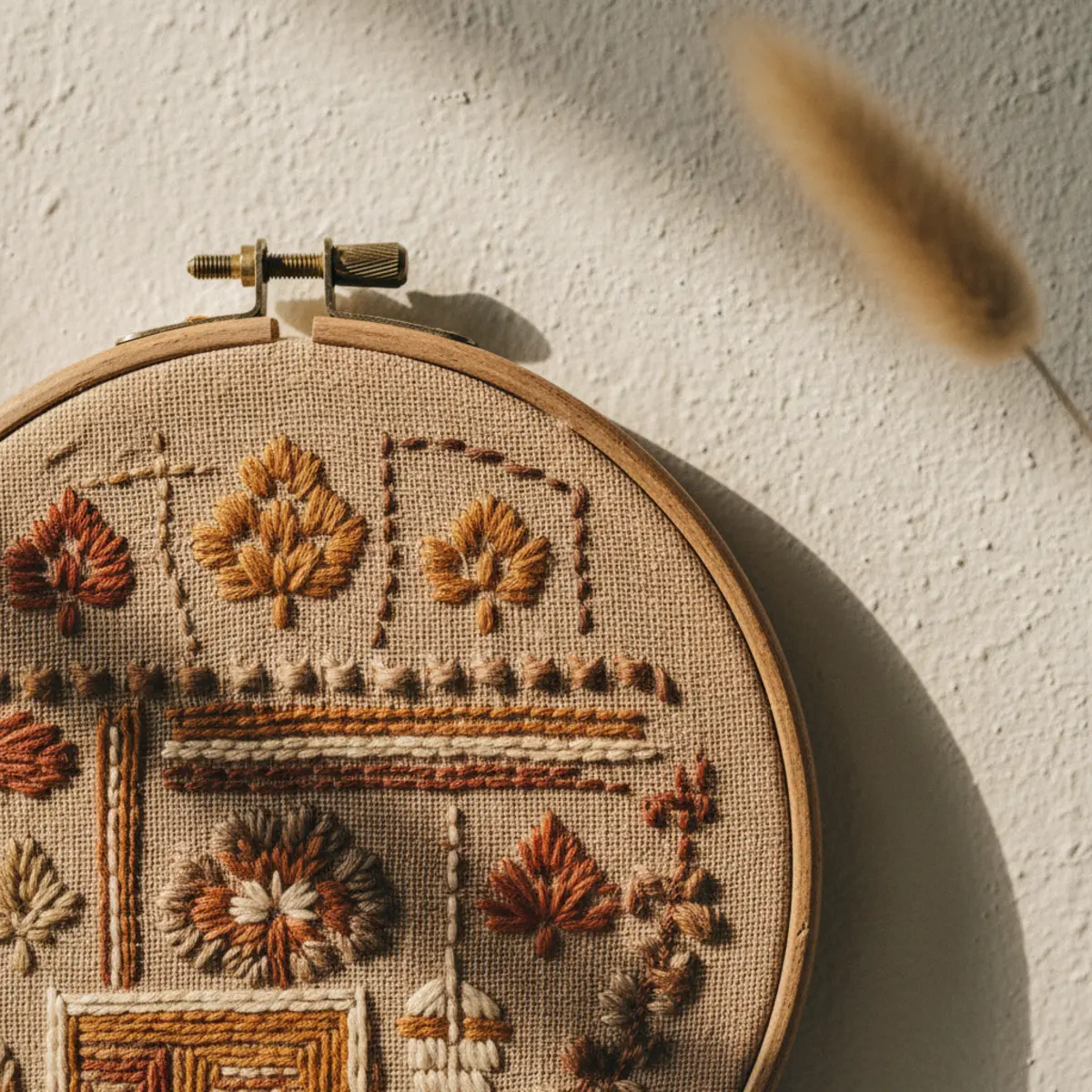 DIY farmhouse wall art — vintage hand-embroidered linen sampler from early 1900s mounted in simple oak frame on warm plaster wall beside pressed botanical grouping — Home Decor Aura