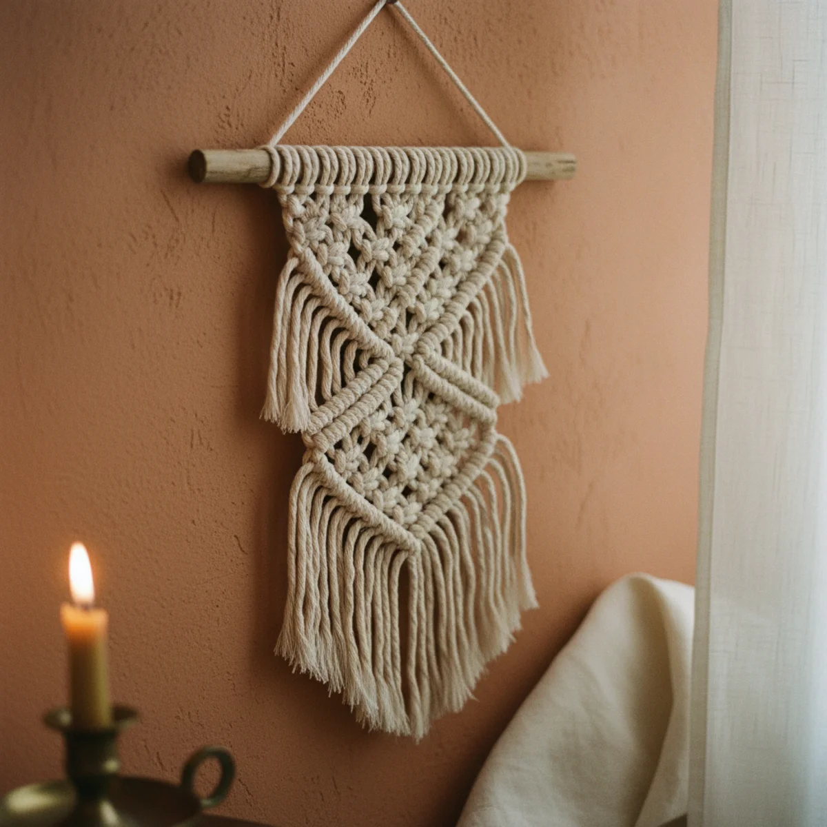 DIY farmhouse wall art — natural cotton macramé wall hanging with alternating square knot pattern and fringe ends mounted on wooden dowel on a warm plaster wall — Home Decor Aura