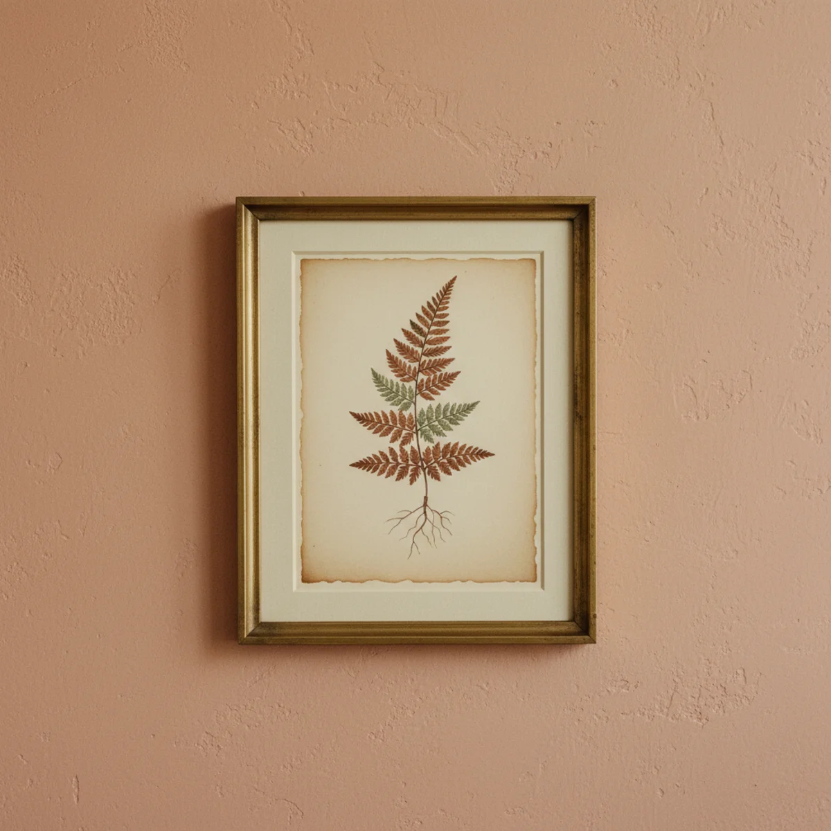 DIY farmhouse wall art — grouping of five vintage botanical book pages in matching simple oak frames showing yellowed edges and period typography in a horizontal row on warm plaster wall — Home Decor Aura
