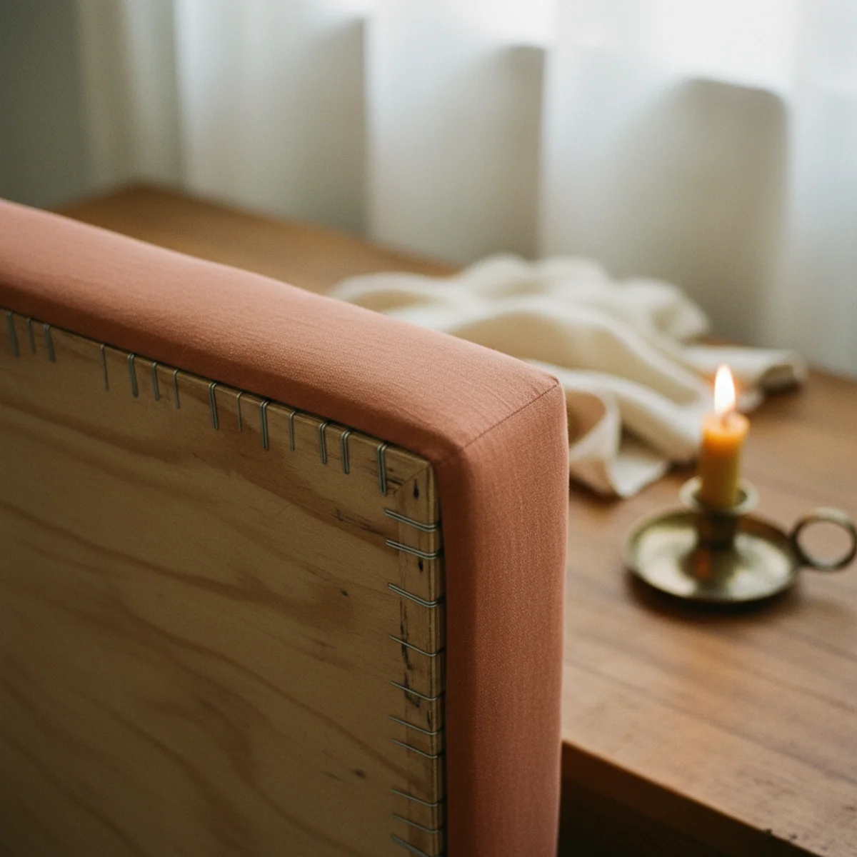DIY headboard ideas — upholstered linen headboard panel mounted on wall behind bed showing washed natural linen texture with slight wrinkle character — Home Decor Aura