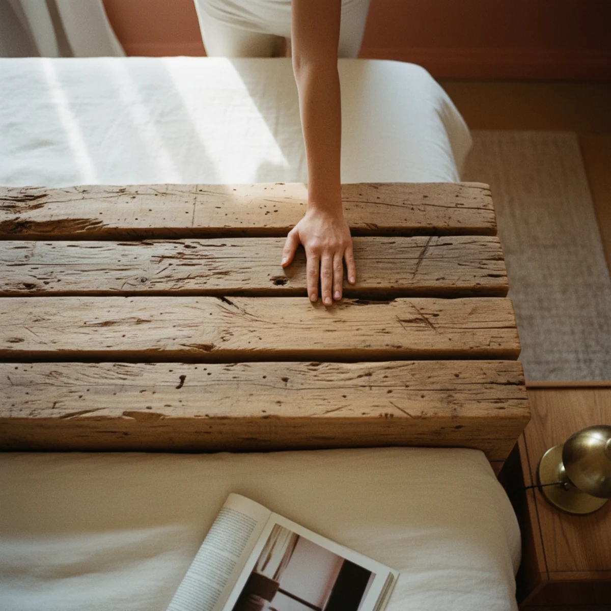 DIY headboard ideas — four stacked reclaimed timber beams with visible grain and knot character creating organic sculptural headboard behind a bed — Home Decor Aura