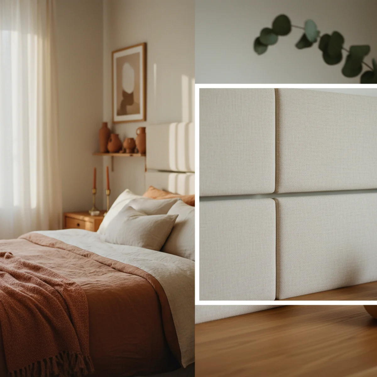 DIY headboard ideas — six upholstered cream linen wall panels arranged in 2x3 grid with 2-inch gaps creating modular headboard with visible geometric shadow lines — Home Decor Aura
