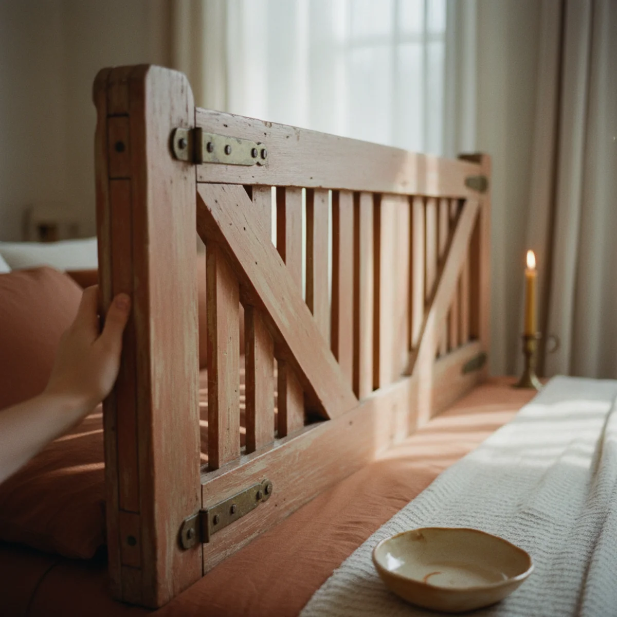 DIY headboard ideas — vintage wooden garden gate mounted horizontally behind bed showing original weathered hardware and paint as uniquely warm headboard with real history — Home Decor Aura