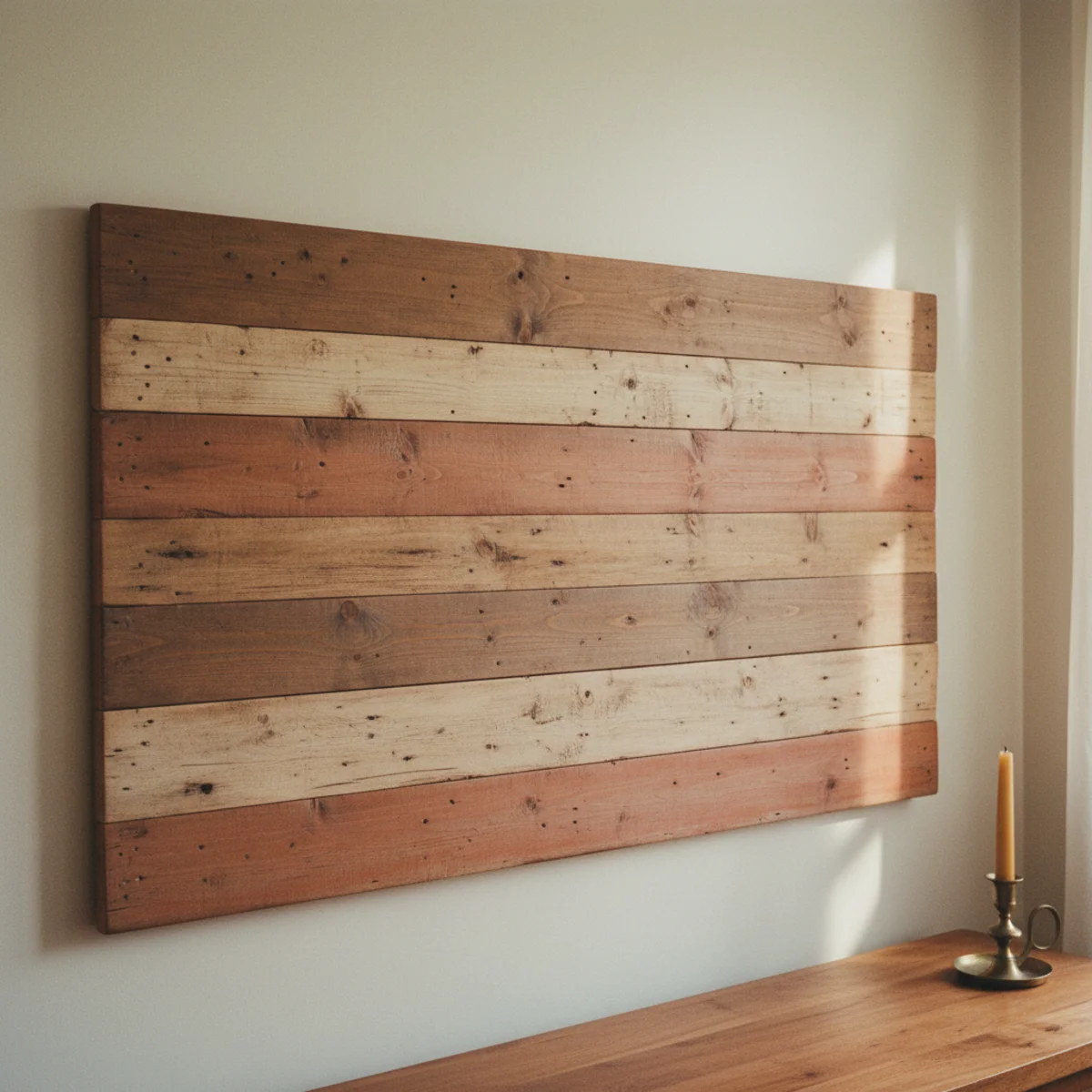 DIY headboard ideas — reclaimed wood plank headboard with visible nail holes, grain variation, and weathered character mounted behind bed in a warm farmhouse bedroom — Home Decor Aura