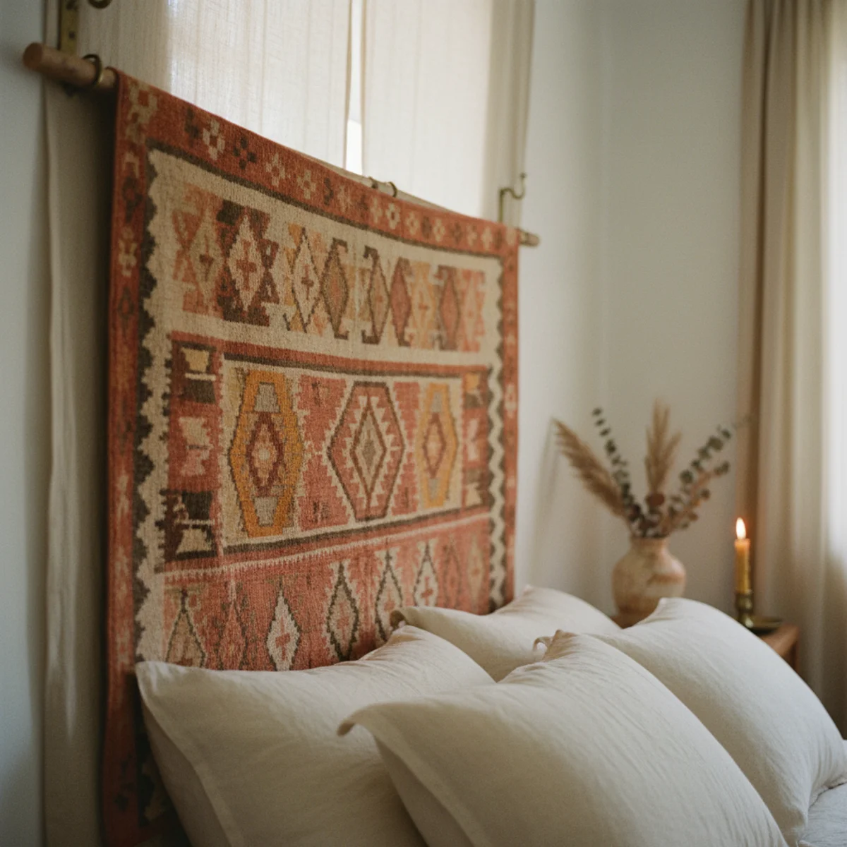 DIY headboard ideas — vintage Turkish kilim rug hung horizontally on a wooden dowel behind a bed creating a warm patterned headboard effect with minimal installation — Home Decor Aura