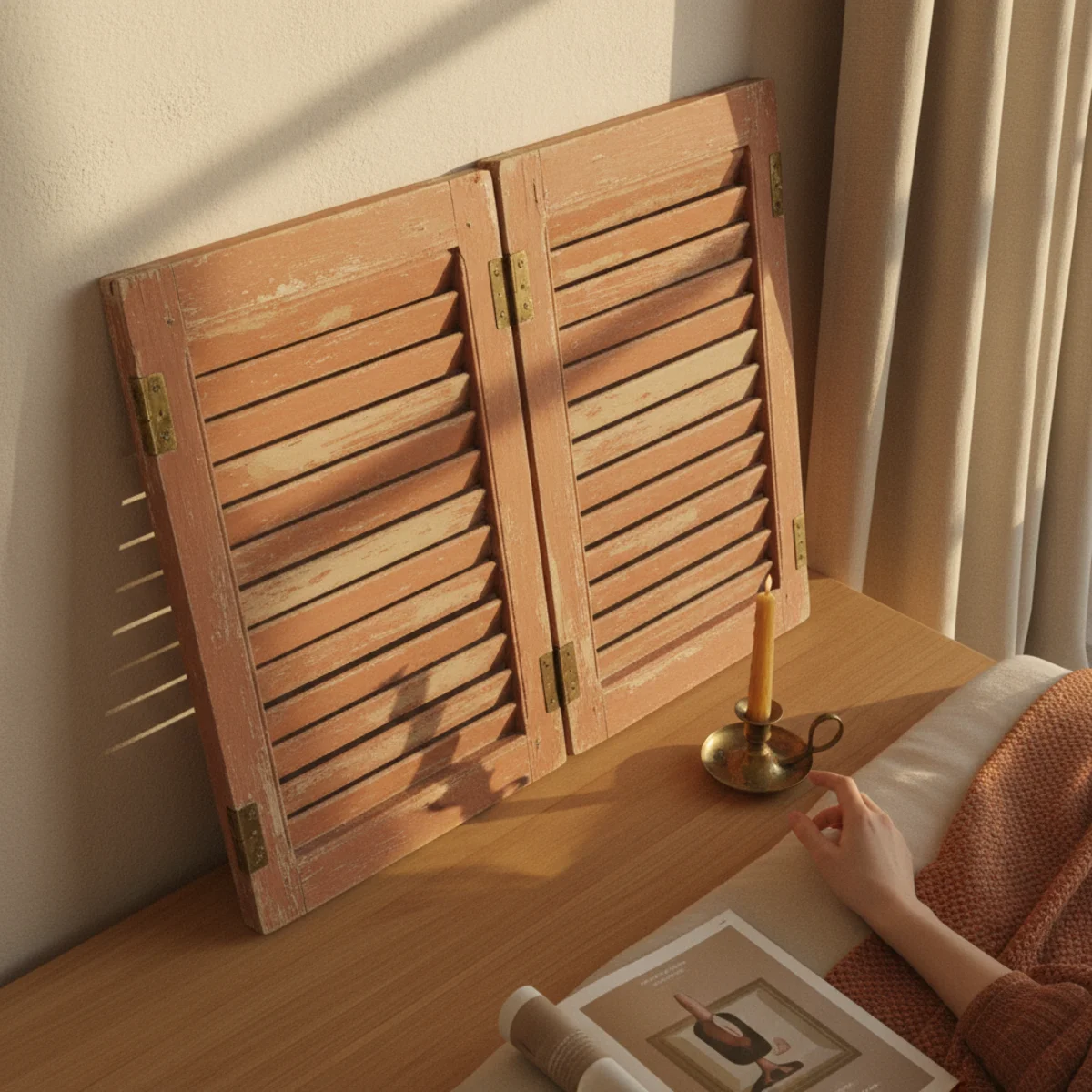 DIY headboard ideas — pair of vintage louvered shutters with original weathered paint leaned flanking behind a bed creating architectural headboard character — Home Decor Aura