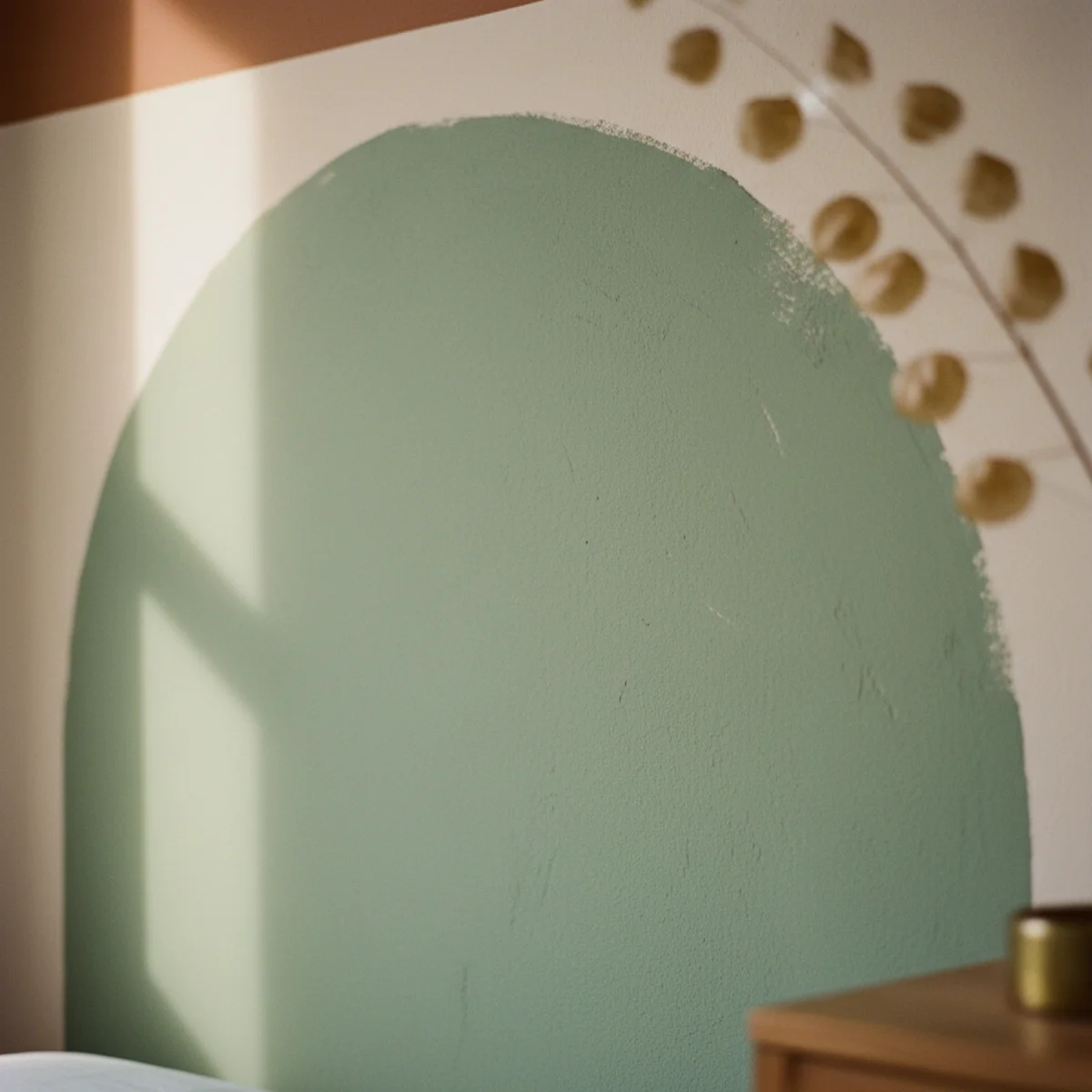 DIY headboard ideas — arched headboard shape painted in soft sage green on cream wall behind bed creating architectural presence without construction — Home Decor Aura