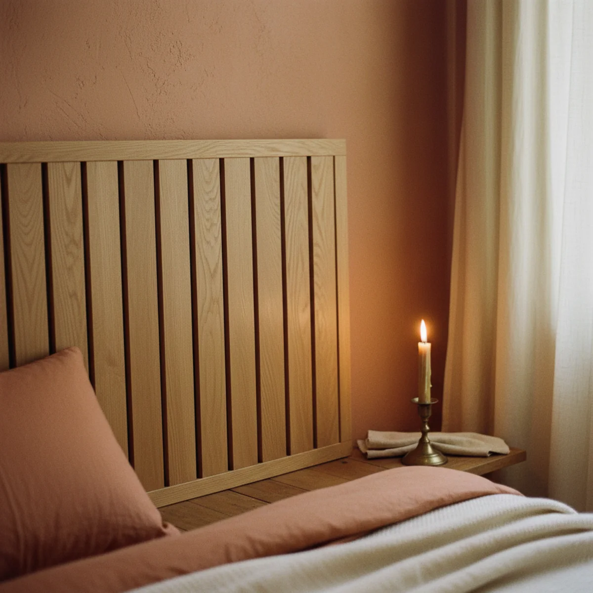DIY headboard ideas — slatted vertical oak headboard with Danish oil finish and half-inch gaps between slats mounted behind bed in a warm Scandinavian-inspired bedroom — Home Decor Aura
