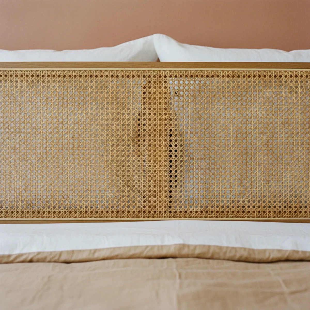 DIY headboard ideas — natural cane webbing panel mounted in simple wood border frame behind bed showing warm honey-tan weave pattern — Home Decor Aura