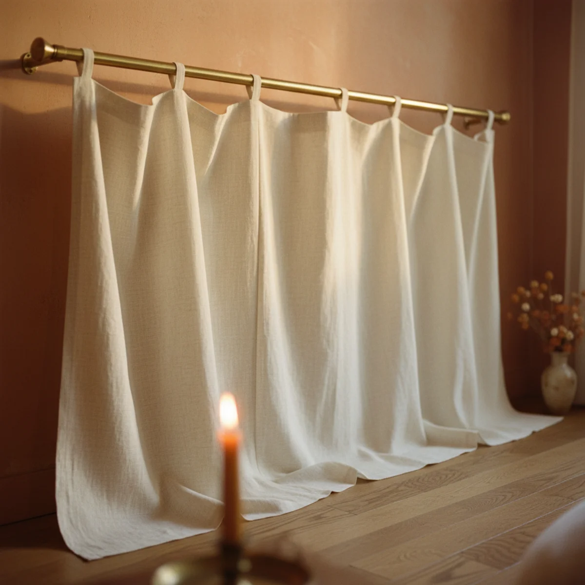 DIY headboard ideas — three cream linen panels hanging from ceiling-mounted rod above bed creating draped headboard effect in a high-ceiling bedroom — Home Decor Aura