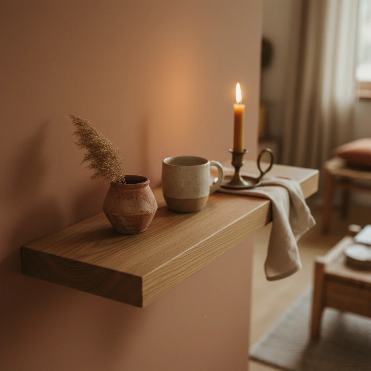 DIY home decor ideas — 36-inch DIY floating oak shelf with Danish oil finish mounted on a warm cream wall holding ceramics and books — Home Decor Aura