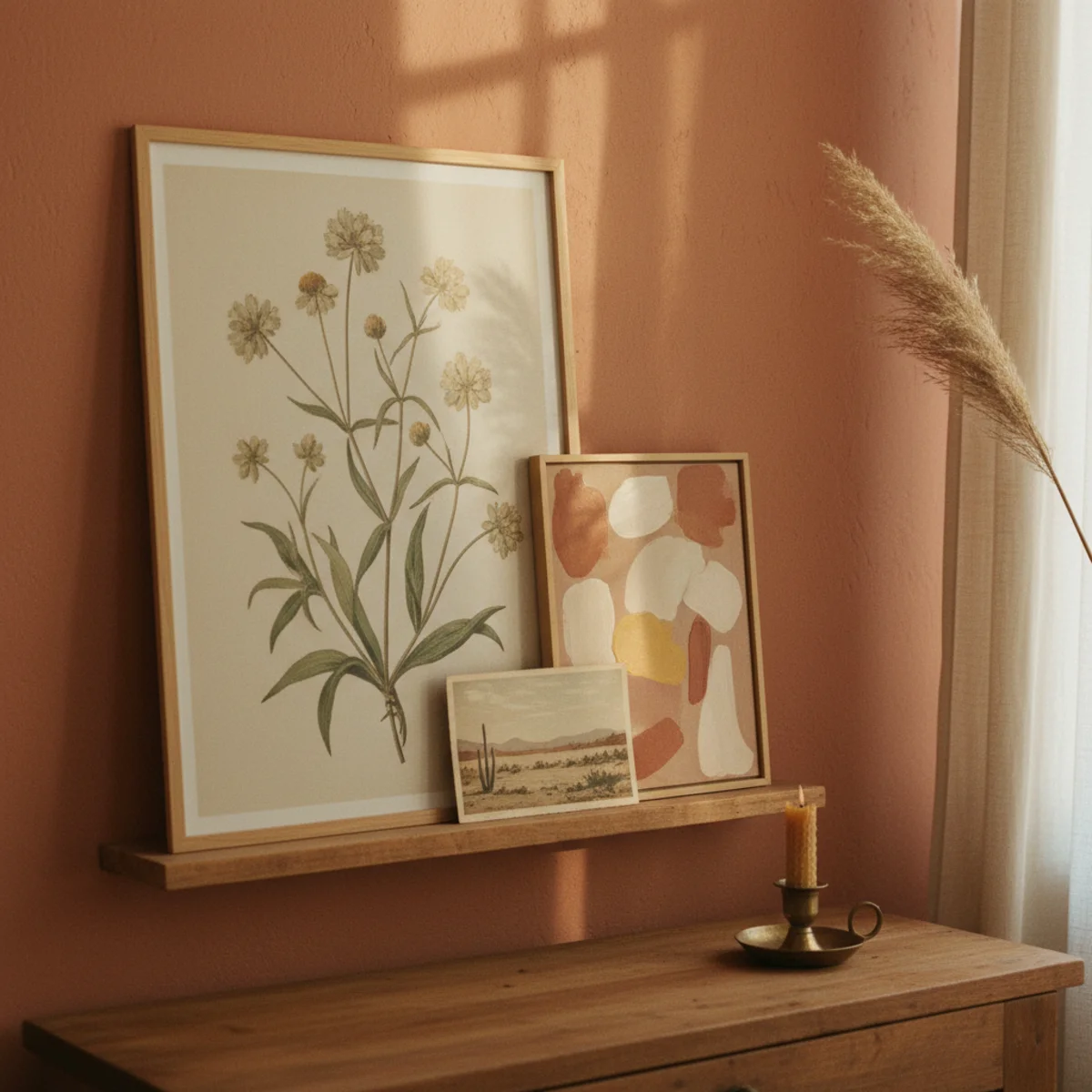 DIY home decor ideas — DIY oak picture ledge displaying three layered framed art pieces leaning against the wall in a warm hallway — Home Decor Aura