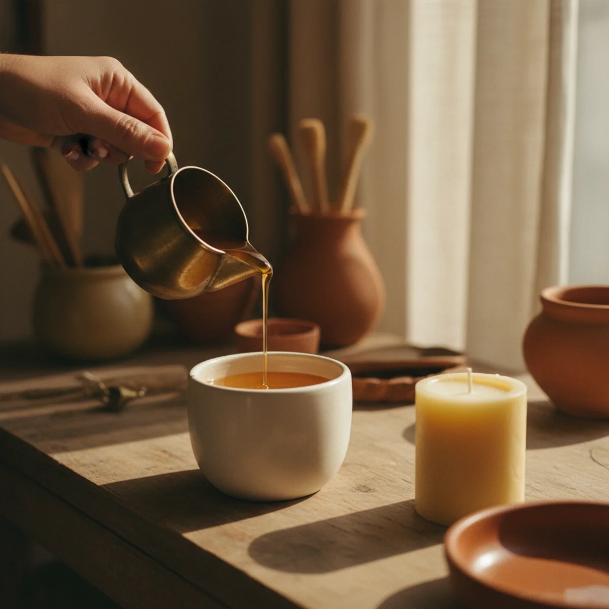 DIY home decor ideas — six DIY hand-poured beeswax candles in varied thrifted glass containers glowing warm golden light on a warm wood console — Home Decor Aura
