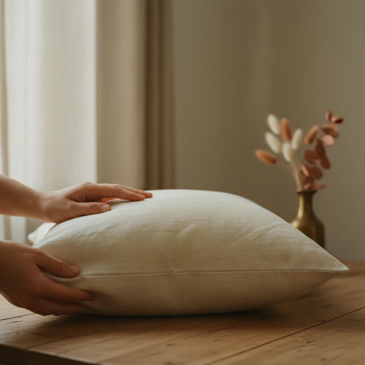 DIY home decor ideas — DIY-sewn linen throw pillow cover in oat tone with envelope-back closure on a warm cream sofa — Home Decor Aura