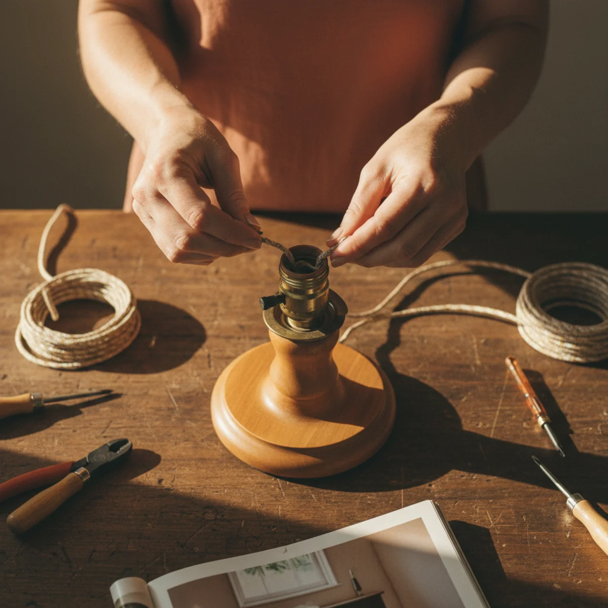 DIY home decor ideas — DIY rewired thrifted brass lamp from the 1970s with new cord, socket, and 2700K bulb on a warm wood console — Home Decor Aura