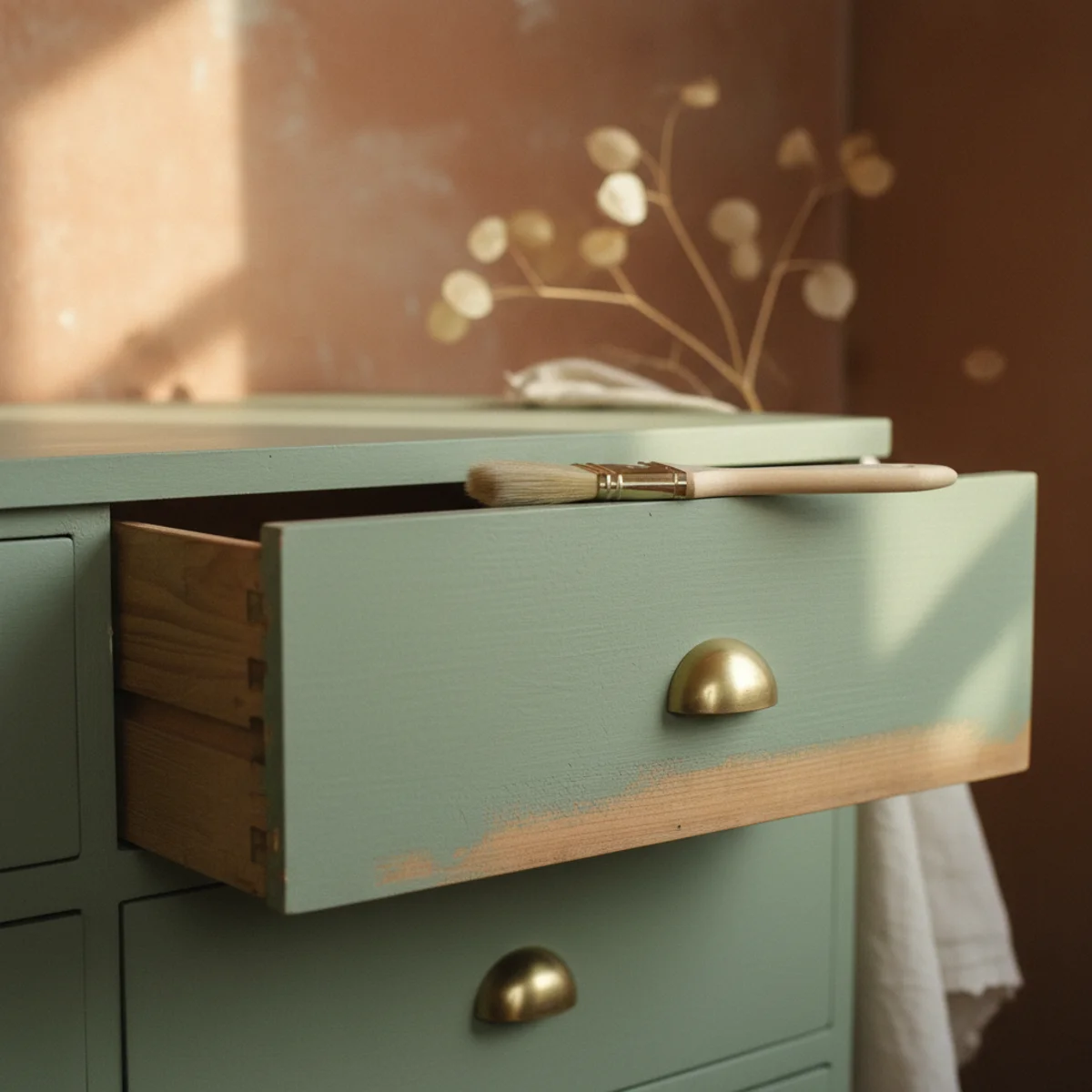 DIY home decor ideas — DIY-painted secondhand dresser in warm cream with aged brass knobs in a warm bedroom — Home Decor Aura