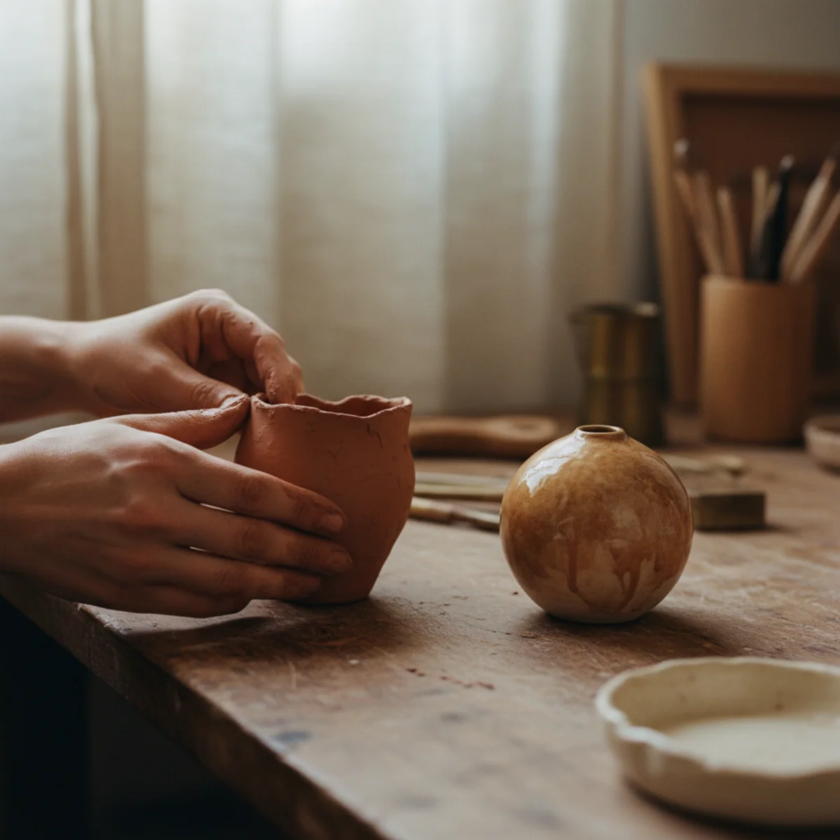 DIY home decor ideas — DIY hand-made plaster vase with organic irregular shape holding dried branches on a warm wood console — Home Decor Aura