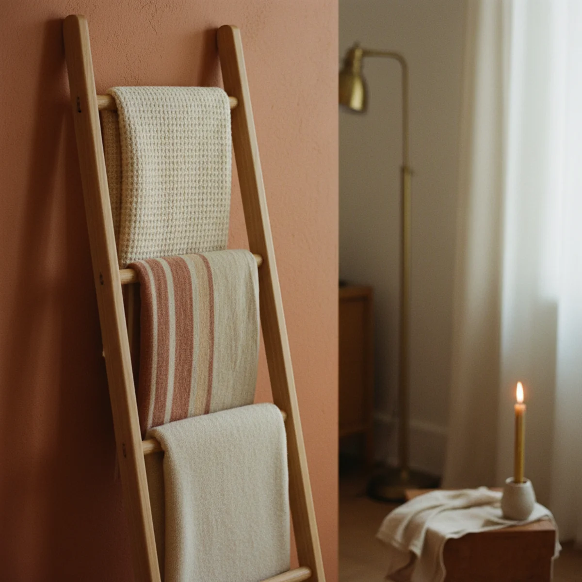 DIY home decor ideas — DIY leaning blanket ladder in oiled oak holding four wool throws in a warm living room corner — Home Decor Aura