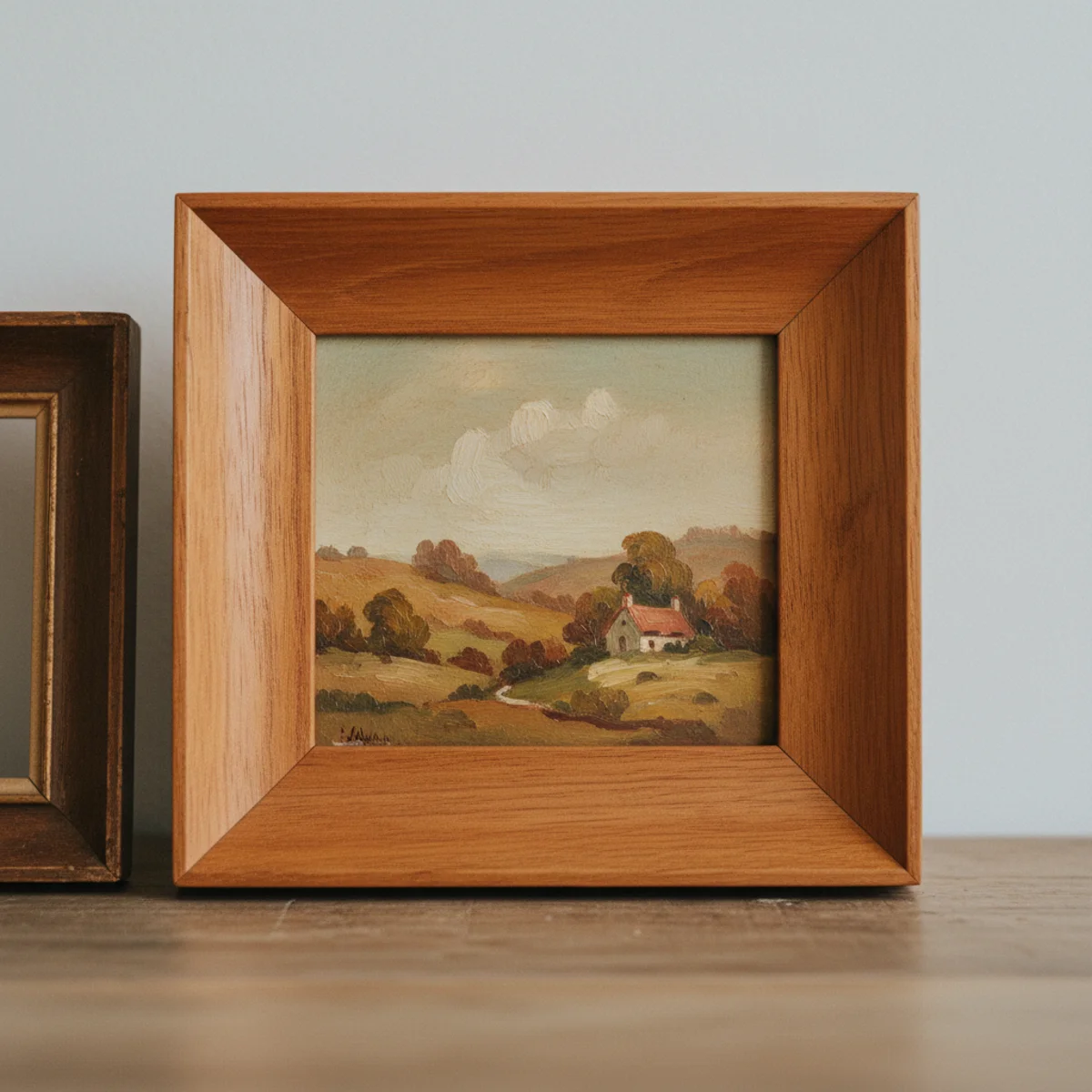 DIY home decor ideas — DIY-reframed vintage botanical print in warm oak frame replacing a dated 1980s gold frame in a warm hallway — Home Decor Aura