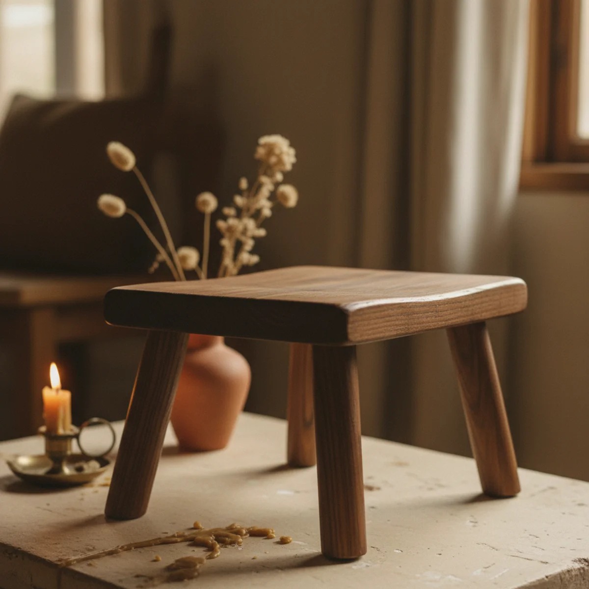 DIY home decor ideas — DIY-stained raw pine stool in warm walnut tone using Minwax stain in a warm reading nook — Home Decor Aura