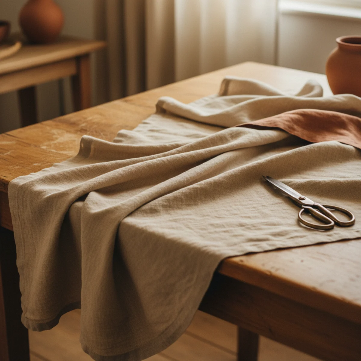 DIY no-sew curtains — medium-weight natural linen fabric showing the warm oat tone and natural slubby texture appropriate for warm home no-sew curtains — Home Decor Aura