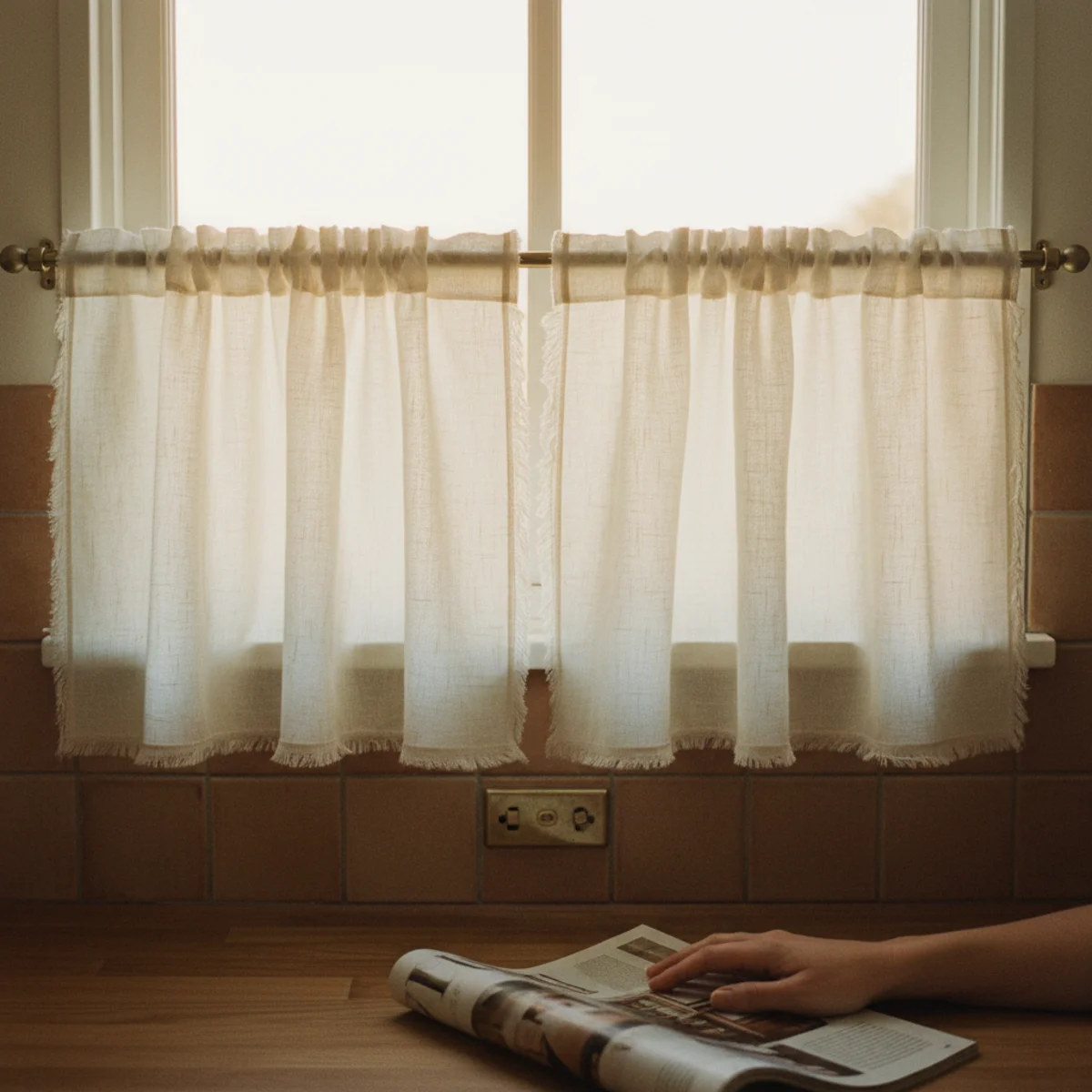 DIY no-sew curtains — natural cotton cafe curtain covering lower half of kitchen window on tension rod, allowing light into upper half while providing privacy — Home Decor Aura