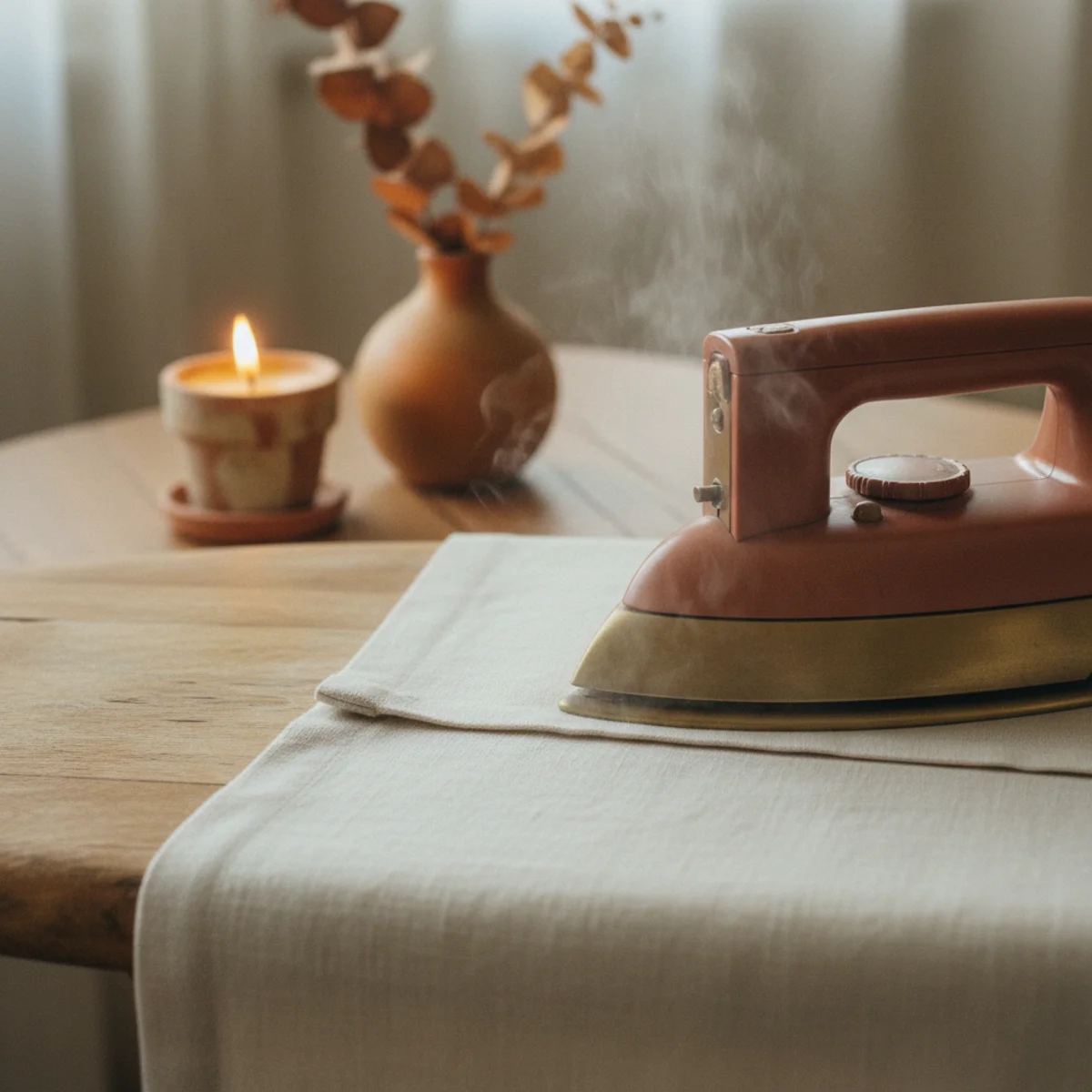 DIY no-sew curtains — linen curtain panel being ironed with steam iron and damp cloth before hanging showing the pre-installation pressing step — Home Decor Aura