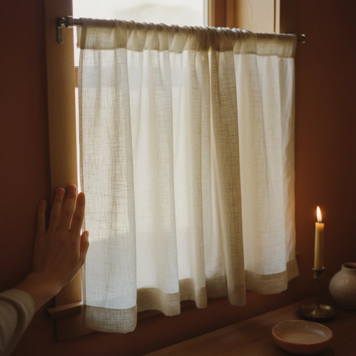 DIY no-sew curtains — window with natural linen outer panels and cream sheer inner panel showing the two-layer curtain setup that reads as professional designer window treatment — Home Decor Aura