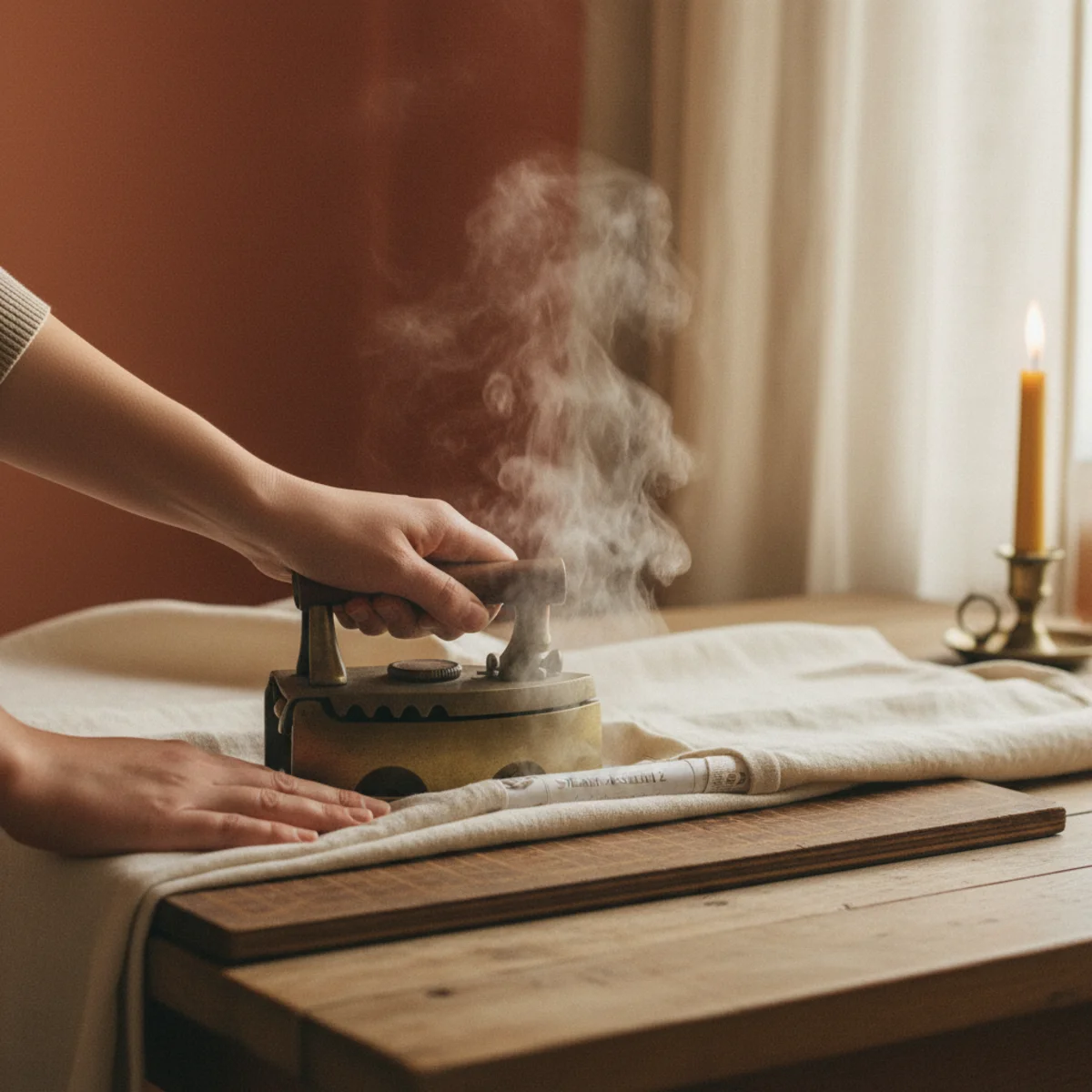DIY no-sew curtains — iron-on hem tape being applied to folded linen curtain hem with damp press cloth and iron showing the no-sew hemming technique — Home Decor Aura