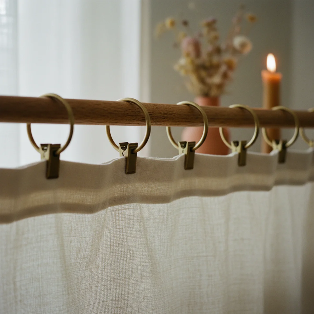DIY no-sew curtains — close-up of aged brass clip rings gripping linen curtain fabric at 7-inch spacing on a curtain rod showing natural soft gather — Home Decor Aura