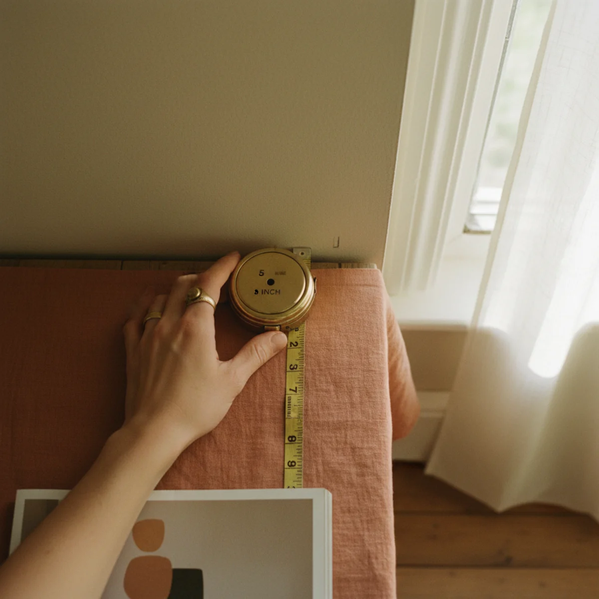 DIY no-sew curtains — window with curtain rod mounted 5 inches below ceiling and 8 inches beyond window frame each side showing the high-and-wide installation that makes windows look larger and ceilings look taller — Home Decor Aura