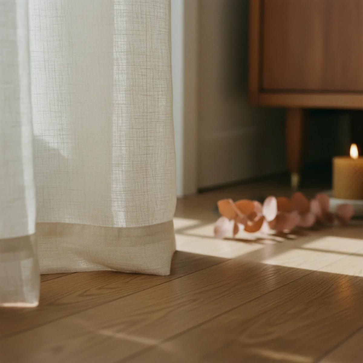 DIY no-sew curtains — linen curtain panels pooling slightly at the floor showing the warm settled quality of floor-grazing length — Home Decor Aura