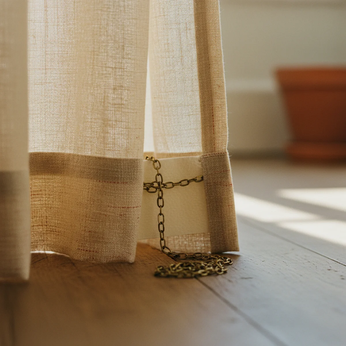 DIY no-sew curtains — bottom hem of linen curtain panel showing chain weights inserted in the hem fold for improved drape quality — Home Decor Aura