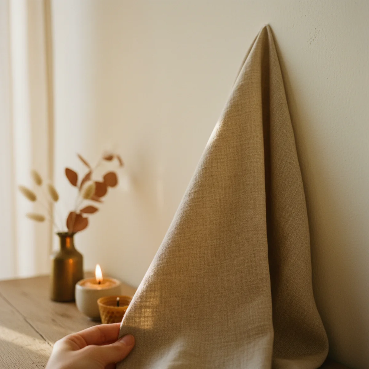 DIY no-sew curtains — natural linen curtain in warm cream-oat tone hanging in a warm living room reading as integrated palette element rather than imposed window treatment — Home Decor Aura