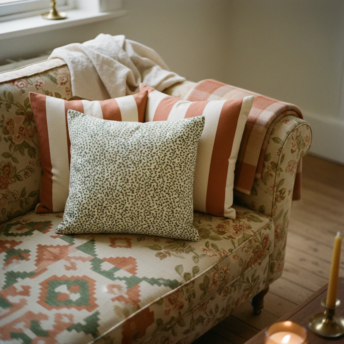 English country decor — living room with large floral sofa fabric, stripe cushions, geometric rug, and plaid throw all in coordinated terracotta-cream-green palette showing authentic pattern layering — Home Decor Aura