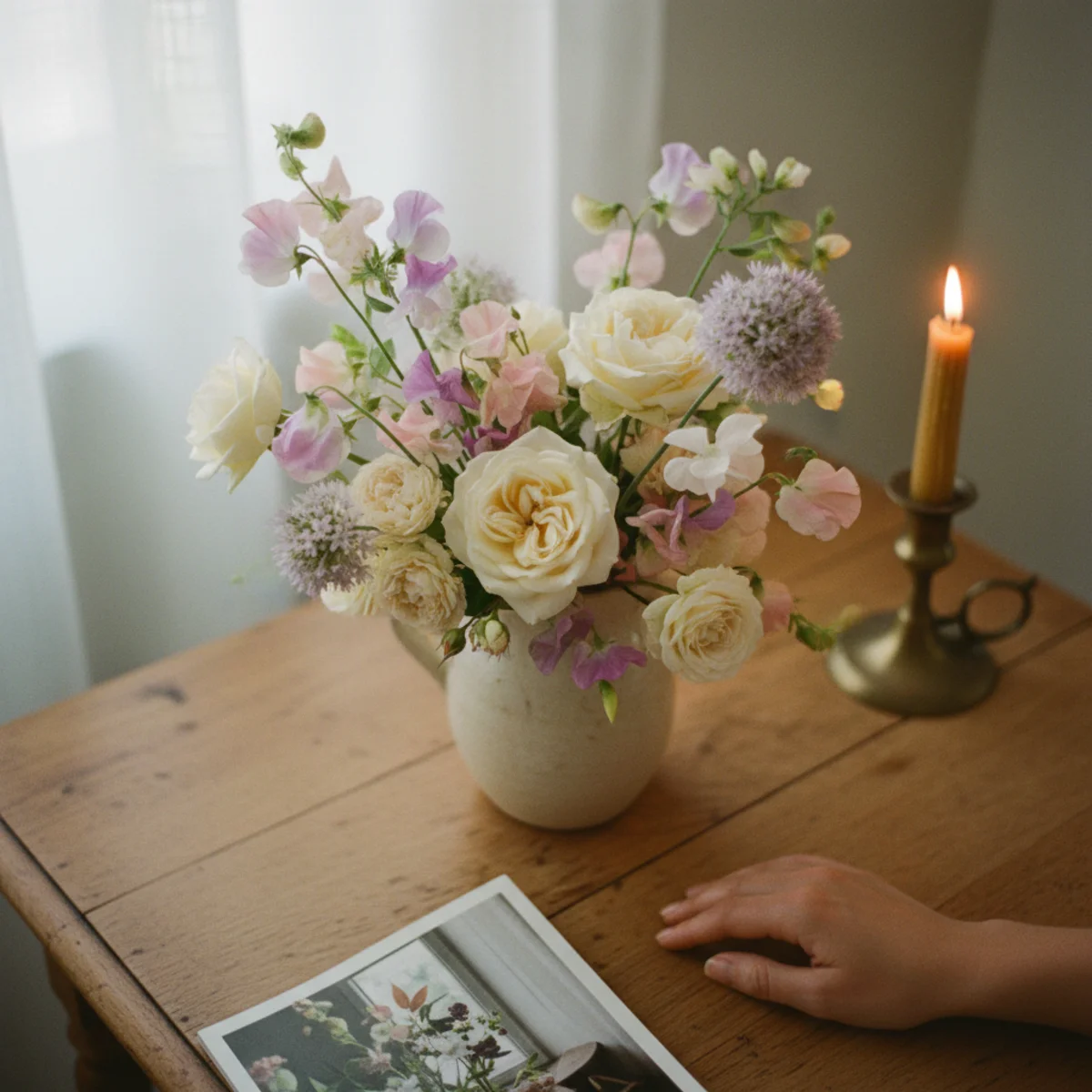 English country decor — ceramic pitcher with loose fresh garden flowers including roses, sweet peas, and alliums on a Victorian side table in an English country room — Home Decor Aura