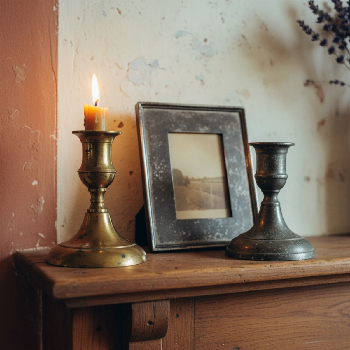 English country decor — English country mantelpiece with aged brass candlesticks, tarnished silver photo frames, and pewter candlestick showing authentic aged metal collection in use — Home Decor Aura