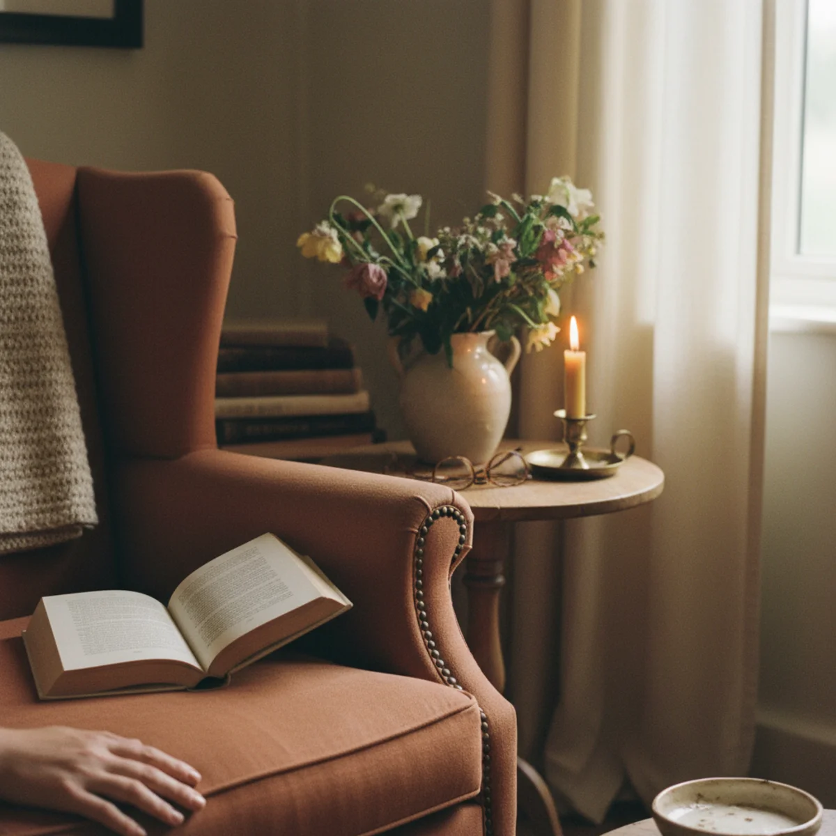 English country decor — English country room with book left open on armchair, reading glasses on side table, slightly tousled throw, and flowers slightly past peak showing genuinely lived-in character — Home Decor Aura