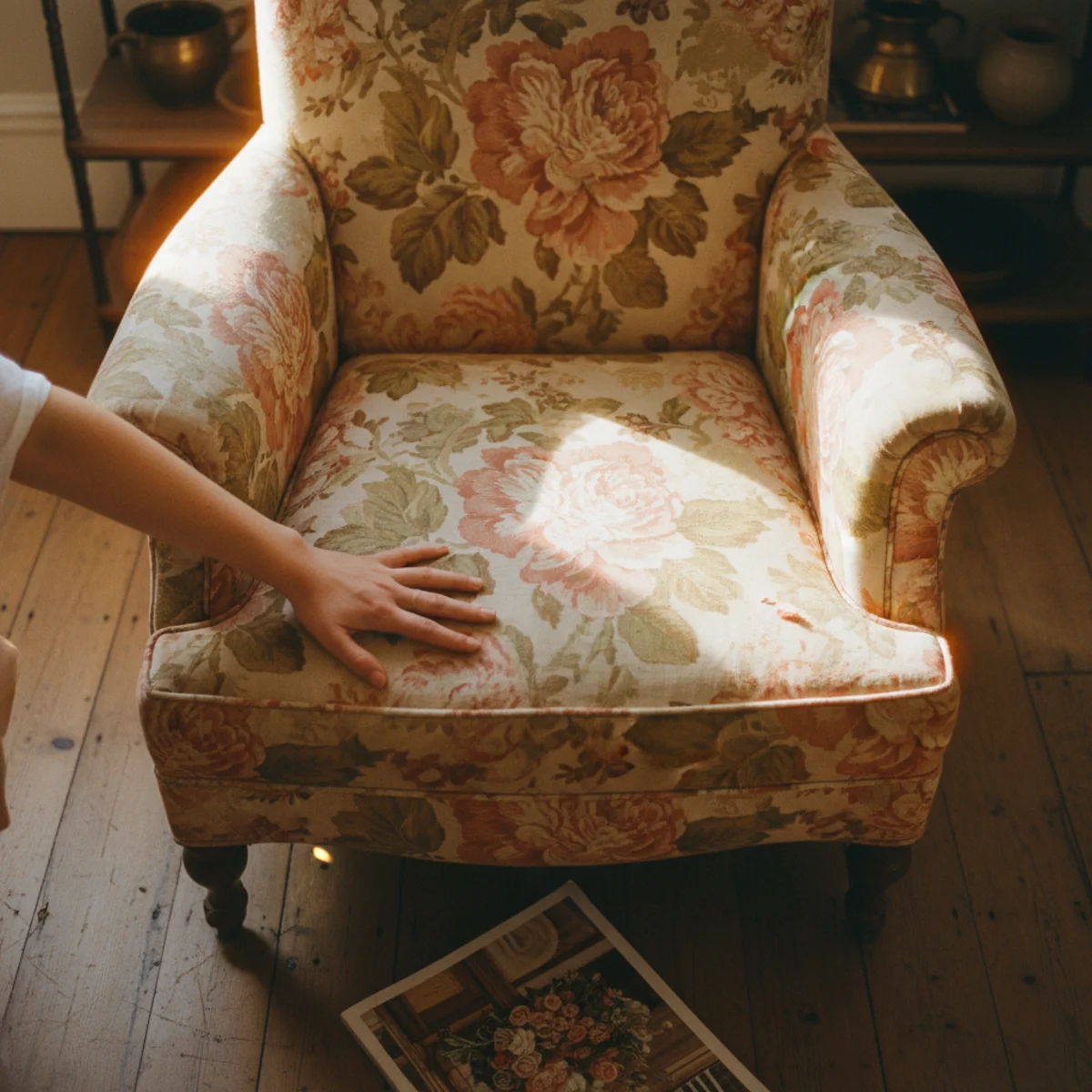 English country decor — vintage armchair reupholstered in faded rose-and-green floral chintz fabric in a warm English country room — Home Decor Aura