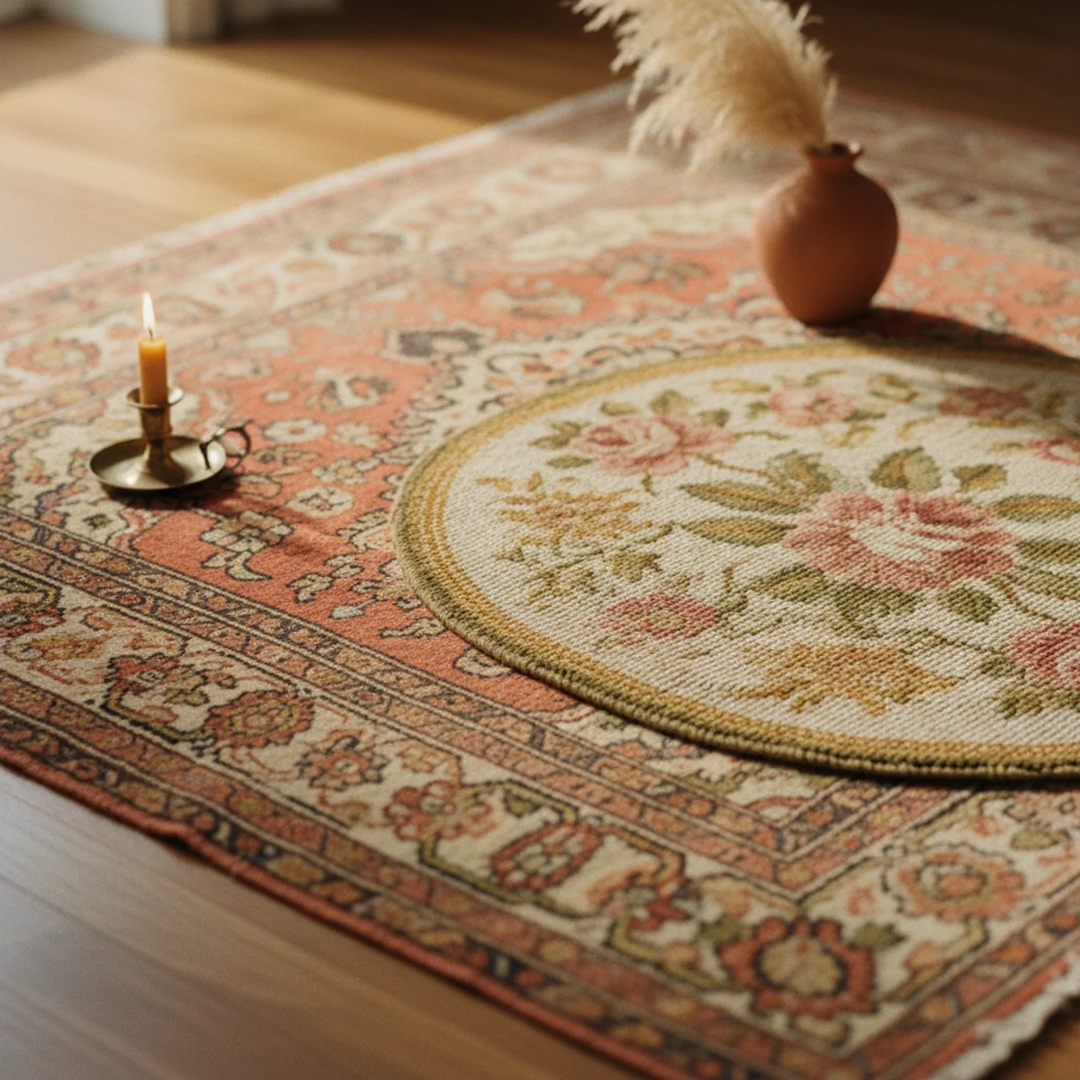 English country decor — English country living room with large vintage Persian carpet as primary rug and smaller vintage needlepoint rug layered over one corner in a non-matching complementary pairing — Home Decor Aura