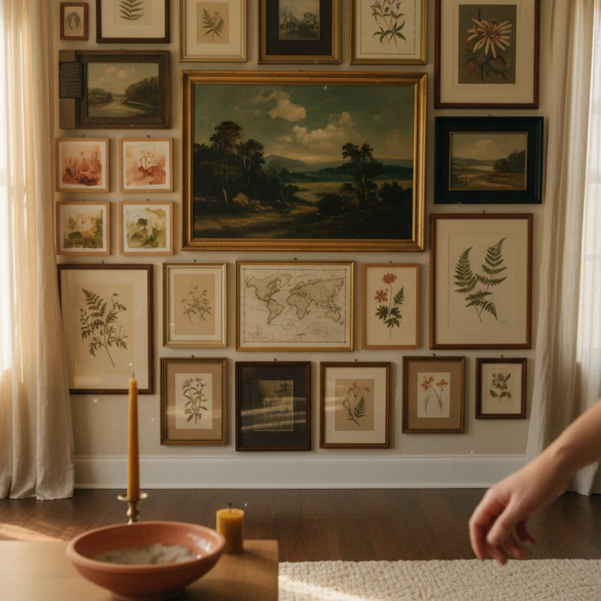 English country decor — English country room wall densely hung with varied watercolors, botanical prints, oil paintings, and engravings in mixed frames at varied heights — Home Decor Aura