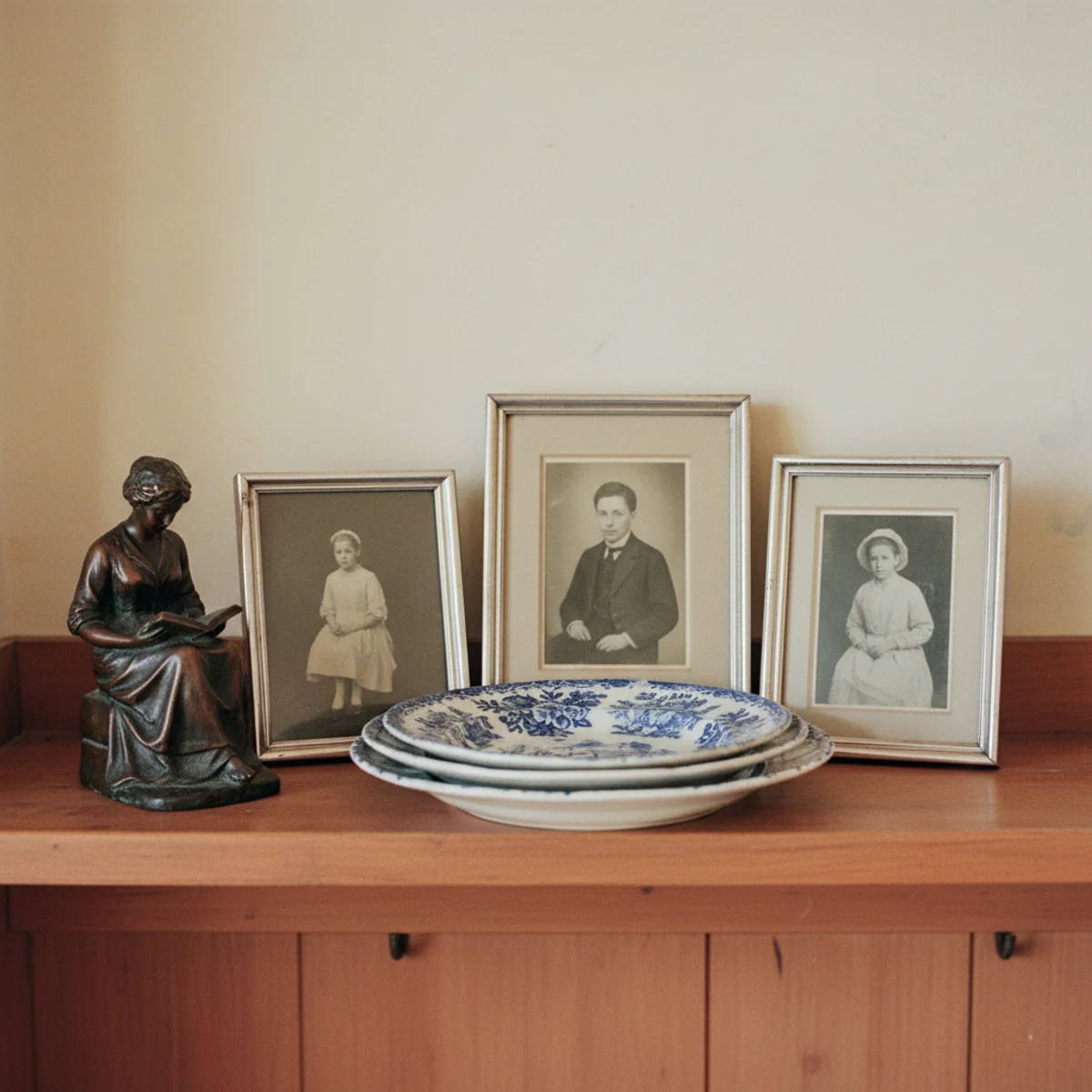English country decor — shelf in English country room with grouped collection of blue-and-white transferware ceramics, small silver-framed photographs, and antique brass objects — Home Decor Aura