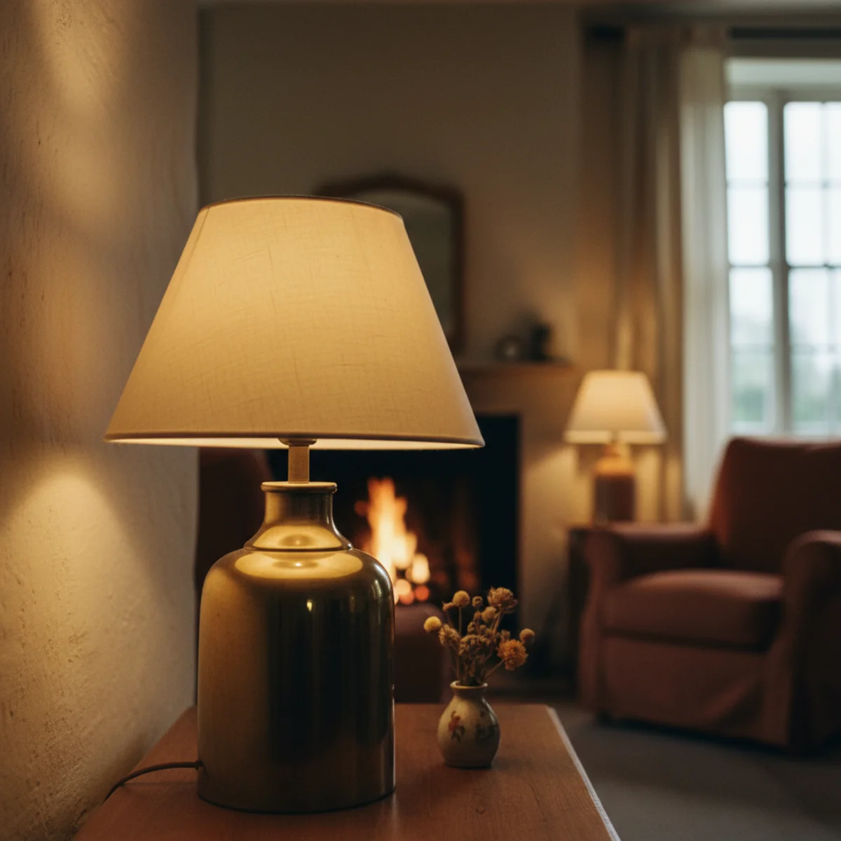 English country decor — English country sitting room at evening with lit fireplace, multiple warm table lamps at 2700K, and beeswax candles creating distributed warm light — Home Decor Aura