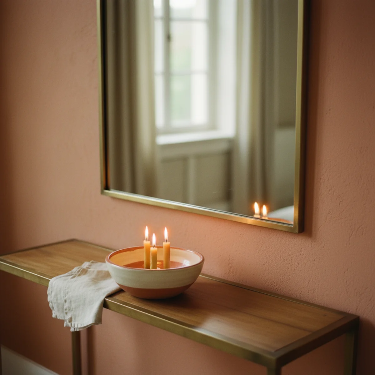 Entryway decor — slim oak console with oversized round brass mirror above and ceramic bowl for keys creating the entry trio in a warm entryway — Home Decor Aura