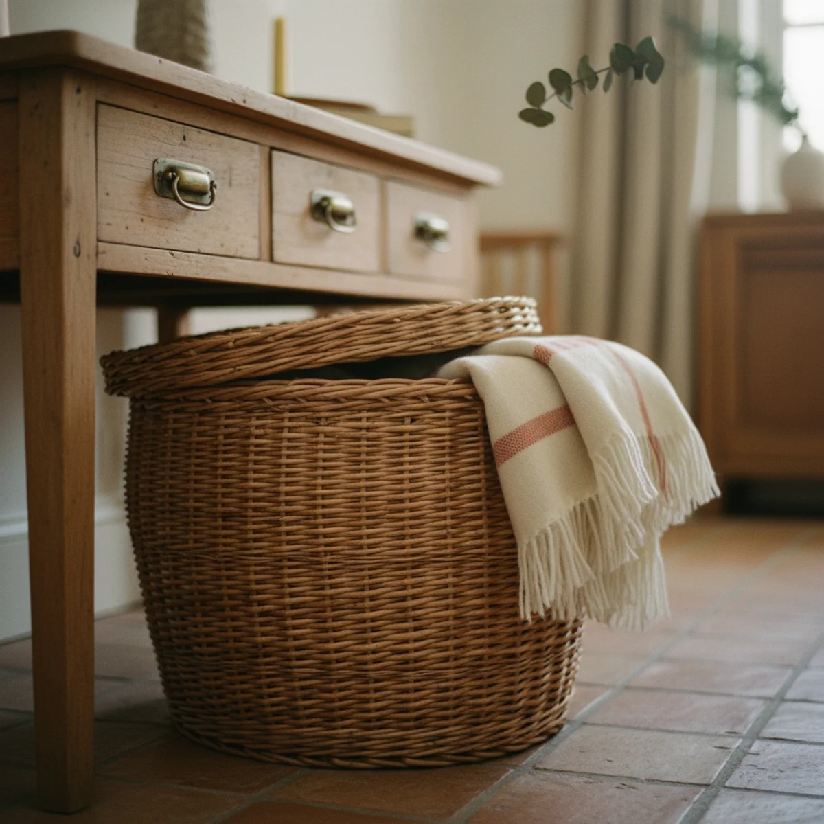 Entryway decor — lidded seagrass basket positioned under an entryway console hiding accumulating items in a warm entryway — Home Decor Aura